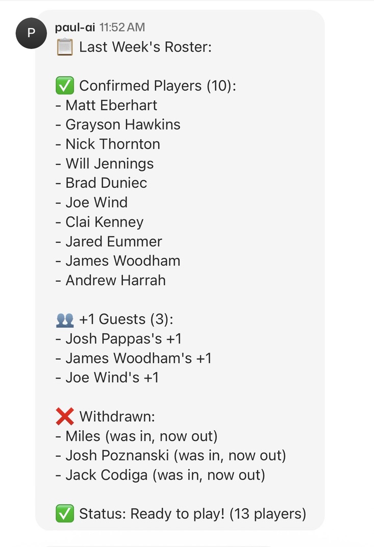 paul-ai GroupMe bot roster example showing player attendance tracking for pickup basketball games
